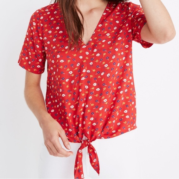 Madewell Novel Tie-Front Top in Red Prairie Posies Floral print Medium - Picture 1 of 13